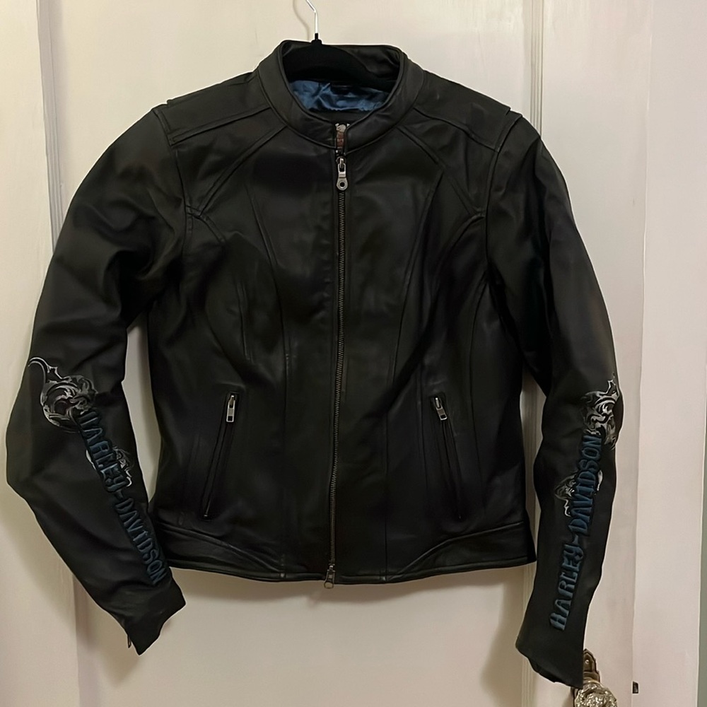Harley-Davidson Leather Jacket with Blue and Silver Details (Women’s M)